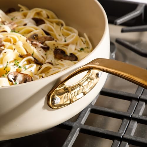 Non Stick Frying Pan (Almond Cream w/ Gold Handle / Saute Pan w/ Lid (6-Quart))