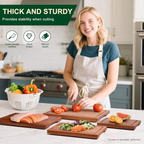 Wooden Cutting Board Set of 4 with Holder Solid Wood Chopping Boards for Kitchen with Juice Grooves Thick Large Cutting Board (15.7"L x 11.8"W)