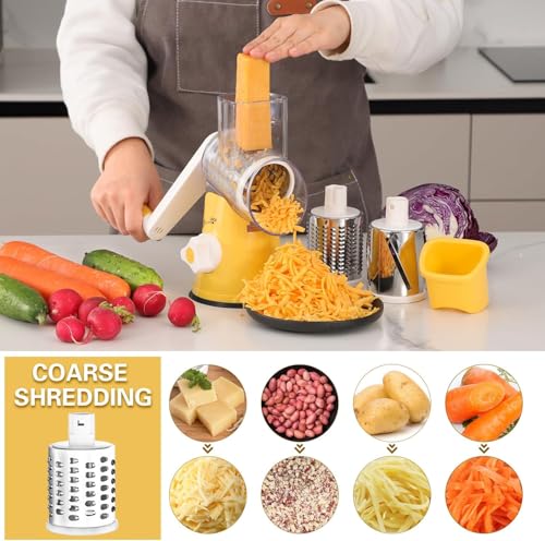 Rotary Cheese Grater Hand Crank Cheese Shredder for Fresh Cheese (3 BLADES / Yellow)