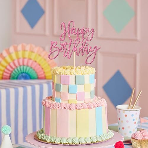 1 PCS Happy Birthday Cake Topper Glitter Happy Birthday Cake Pick for Celebrating Happy Birthday Anniversary Theme Party Cake Decorations Supplies Pink
