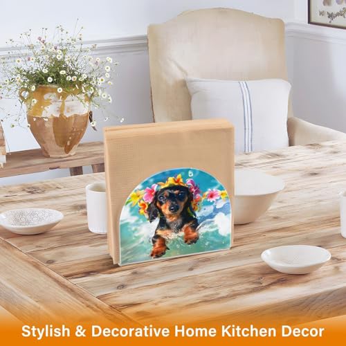 Cute Dachshund Puppy Surfing Napkin Holder for Table Paper Napkins Holder Acrylic Tissue Dispenser Kitchen Dining Room Bathroom Party Car Decor (NH073 / 4.1x4.9x1.97in)