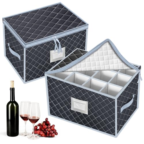 Wine Glass Storage Box with Dividers Holds 24 Stemware Storage Cases or China Crystal Glassware Containers with Handles and Lable Window (2 Count)
