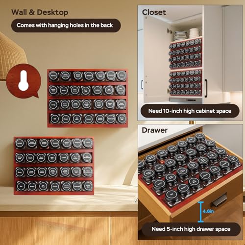 Bamboo Spice Rack Organizer with 28 Glass Spice Jars 4 oz Set Cherry Stain (28 Count)