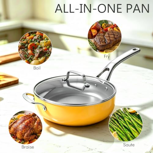 10-in-1 Yellow Ceramic Nonstick Deep Saute Pan Set With Steamer & Lid, 4QT (Yellow)