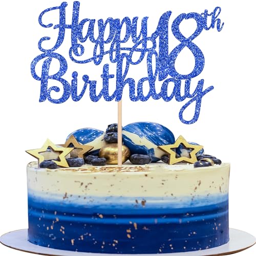 1 PCS Happy 18th Birthday Cake Topper Glitter Cheers to 18 Years Birthday Cake Pick 18 Fabulous Cake Decoration for Happy 18th Birthday Theme Party Decorations Supplies Blue (Blue / 18th)