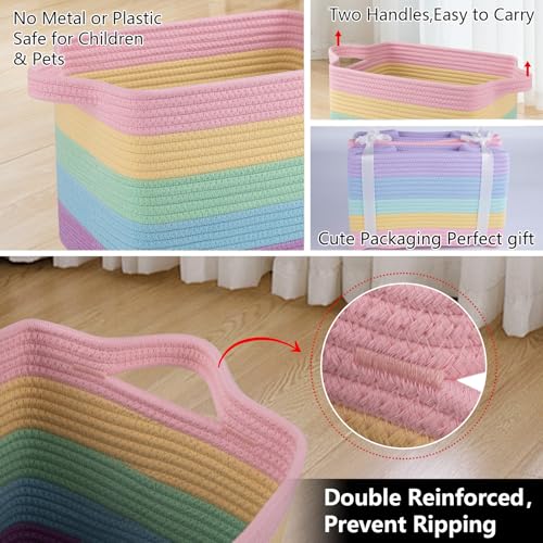Cotton Rope Storage Baskets for Organizing Rainbow Pastel 3 (Rainbow Pastel / 3 pcs-13”x9.9”x8.7”)