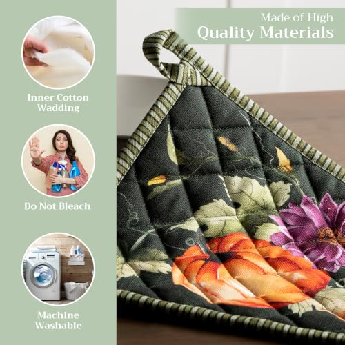 Pot Holders 100% Cotton Potholders (026 - Pumpkin Garden - Dark Green / 8" x 8" (Pot Holder Pack of 2))