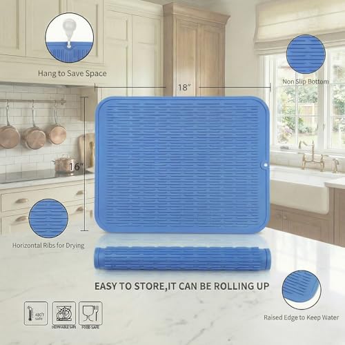 Silicone Dish Drying Mat for Multiple Usage (Lichen Blue / 18"L x 16"W)