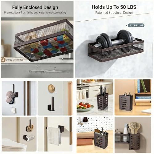 5-in-1 Wide Wall Mount Wrapped Mesh Kitchen Organizer & Shower Caddy Kit, with Paper Towel Holder, Utensil Holder, Soap Dish, Heavy Duty 50LBS - Vintage Bronze, Netting (Vintage Bronze / 5-in-1 Full Mesh (12.6" Wide))