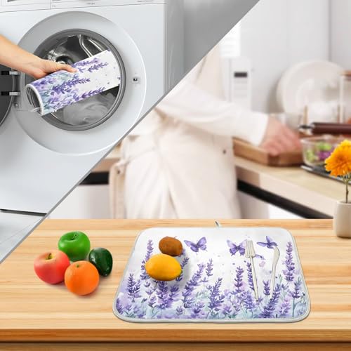 Purple Lavender Spring Summer Flower Floral Dish Drying Mat for Kitchen Counter Absorbent Microfiber Large Drying Pad Dish Mats for Kitchen Countertops 18 x 24 Inch (24" x 18")