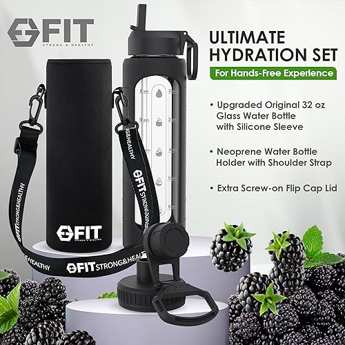 32 oz Glass Water Bottle with Time Marker (Black, Black Carrier)