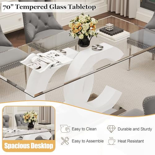 7 Piece Glass Dining Table Set for 6 (White Table & Silver Grey Chair / 7-Piece Set-OC-Shaped Table)