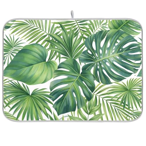 Green Monstera Palm Leaves Dish Drying Mat for Kitchen Counter Absorbent Microfiber Drying Pad (18" x 24")