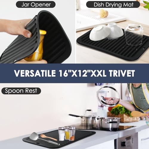 Black Silicone Trivet 16'' X 12'' Silicone Hot Pads for Kitchen Nonslip and Heat Resistant Hot Pads Trivets for Kitchen Quartz Countertops