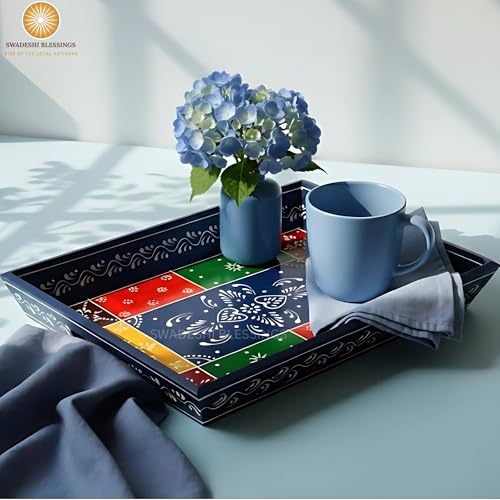 Hand Painted Wooden Serving Tray Set of 3 (Blue / Set of 3)