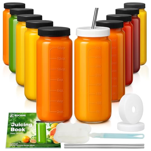 10pack 16oz Glass Juice Bottles with Lids & Straws & Juicing Recipe (Transparent / 16oz-10pack)
