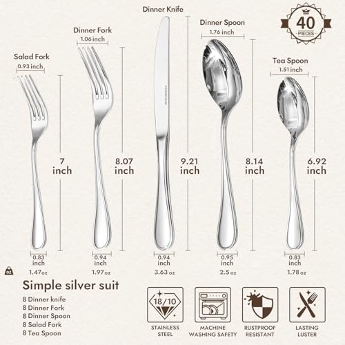 18 10 Stainless Steel Silverware Set for 8 (Silver / 40-Piece)