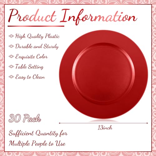 30 Pcs Red Charger Plates 13 Inch Round Plastic Ruffled Rim (Plain Style / Red)