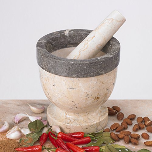 Handcrafted Mortar and Pestle Solid Marble Grinder for Spices and Herbs Artisan Carved from Yushan Marble Elegant and Durable for Everyday Cooking (Beige and Charcoal / 5.9" Diam. x 5.9" H)