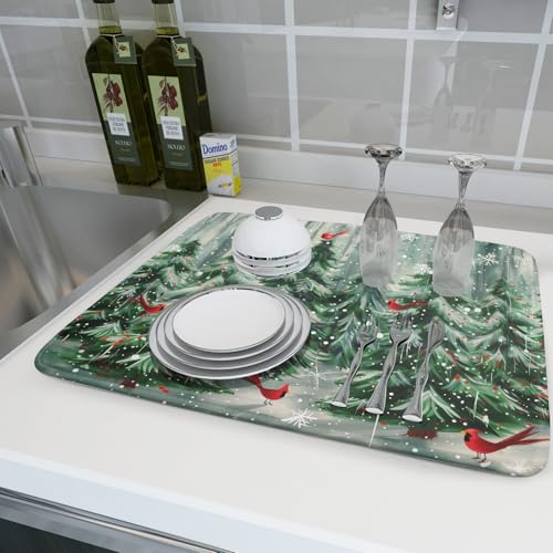 Winter Pine Tree Dish Drying Mat Red Bird Berry Dishes Drainer Mats Absorbent Microfiber Kitchen Counter Protector Drying Mats 18x24 Inch (Winter Pine Tree / 18" x 24")