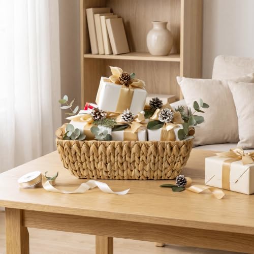 Hand Woven Storage Baskets with Wooden Handles (Natural(Water Hyacinth) / Large)