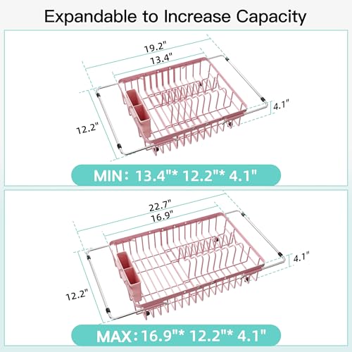Pink Dish Drying Rack Over the Sink with Utensil Holder (Pink / For 12.5"-30"w Sink, Expandable)