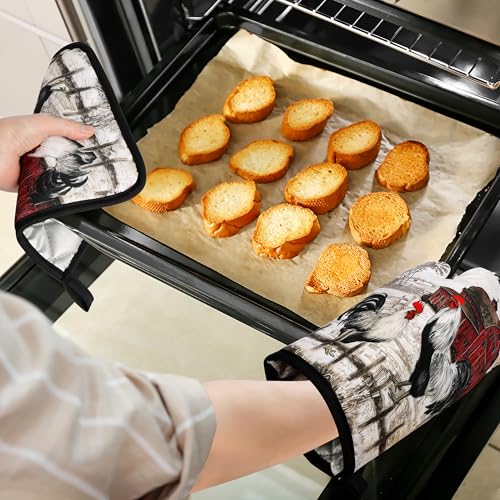 Rooster Print Oven Mitts and Pot Holders Sets of 4 Rustic Chicken Kitchen Mitts Potholders Heat Resistant Farmhouse Cute Oven Gloves Hot Pads for Chicken Kitchen Decor (Red Beige)