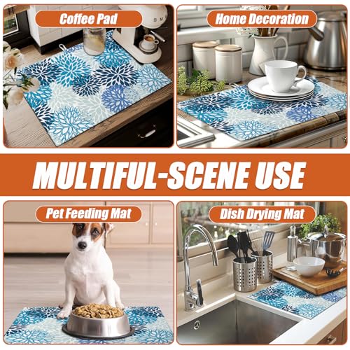 Blue Floral Dish Drying Mat for Kitchen Counter Microfiber Absorbent Dish Kitchen Drying Mat Draining Reusable Washable for Dishes