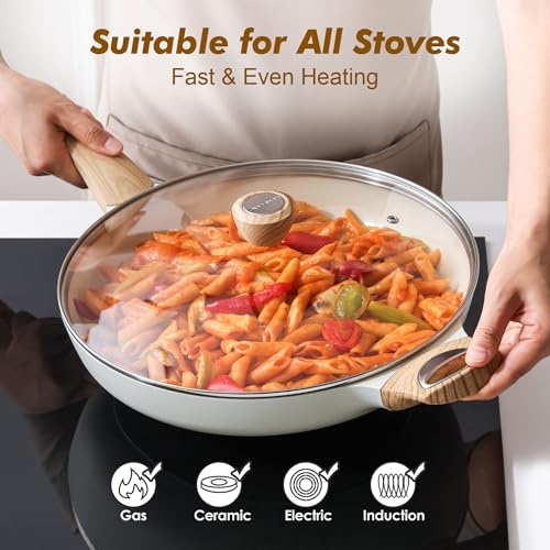 12.5inch Ceramic Nonstick Frying Pan Paella Pan with Lid (12.5 Inch / CREAM White)