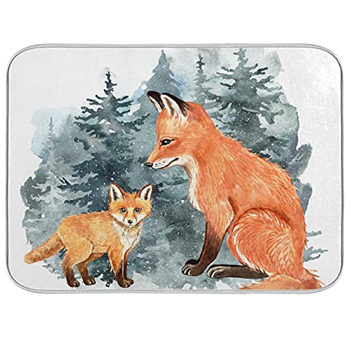 Super Absorbent Dish Drying Mat (Cute Fox Winter Christmas / 16" x 18")