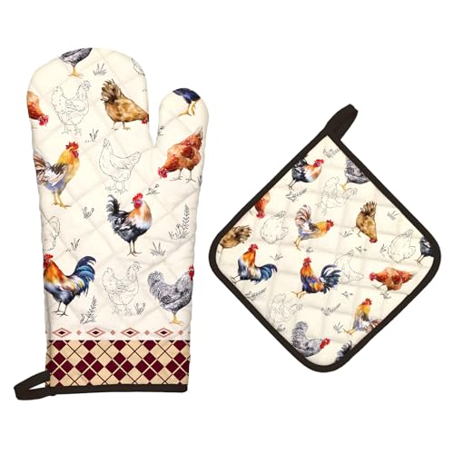 Farmhouse Rooster Oven Mitts and Pot Holders Set (Roosters / Oven Mitt x1 & Pot Holder x1)