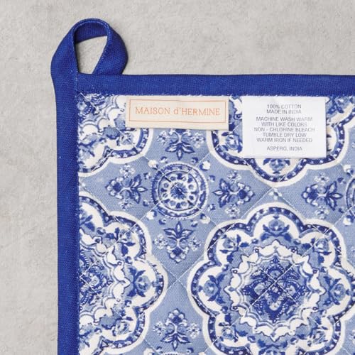 100% Cotton Oven Mitt & Pot Holder Set (014 - Melodie Bleue / 7.5" x 13" & 8" x 8" (Oven Mitt & Pot Holder))