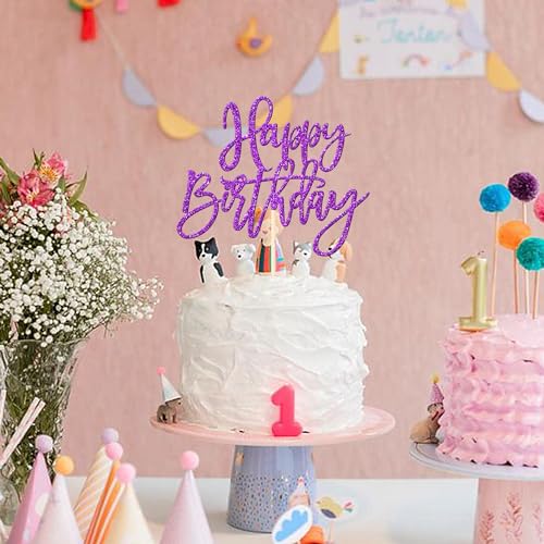 1 PCS Happy Birthday Cake Topper Glitter Happy Birthday Cake Pick for Celebrating Happy Birthday Anniversary Theme Party Cake Decorations Supplies Purple