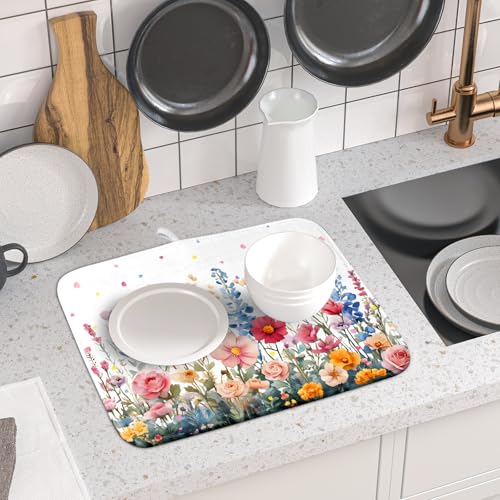 Colorful Flower Dish Drying Mat 16x18 Inch Botanical Floral Drainer Rack Mats Washable Absorbent Dish Dry Pad for Kitchen Counter Sink (Colorful Flower / 16" x 16")