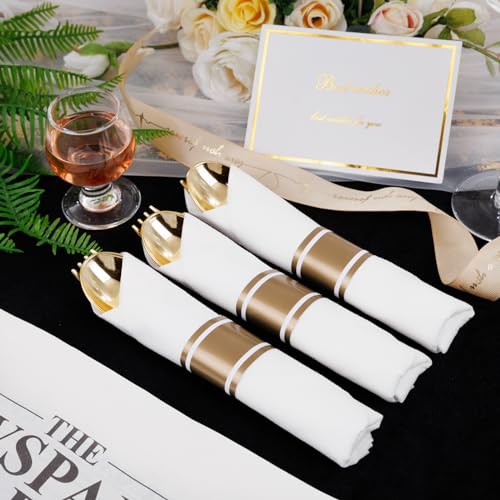 400PCS Gold Wrapped Silverware Set Disposable Hammered for Weddings (Gold - Hammered)