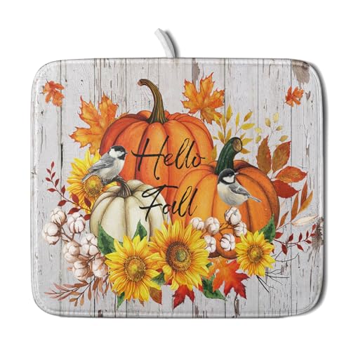 Hello Fall Dish Drying Mat for Kitchen Counter 16x18 Inch Orange Pumpkin Absorbent Drying Pad with Hanging Loop Autumn Home Decoration (Hello Fall Pumpkin / 16" x 18")