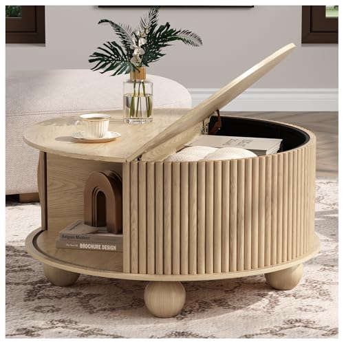 Round Coffee Table with Storage for Living Room (Oak)