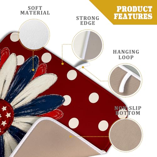 Patriotic Dish Drying Mat 16 x18 In Red and Blue Daisy Microfiber Kitchen Draining Mat for Countertops (Patriotic Floral Red / 18" x 16")