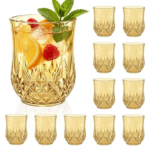 12 Pack Plastic Stemless Wine Glasses (Gold)