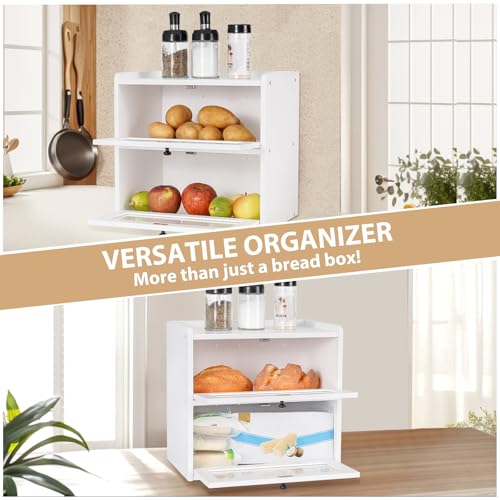Bread Box for Kitchen Countertop Wooden Bread Storage Container Bin 2 Layer Breadbox Holder Large Capacity Keeper Vintage Farmhouse Food Organizer Pantry Shelf Acrylic Window (White)