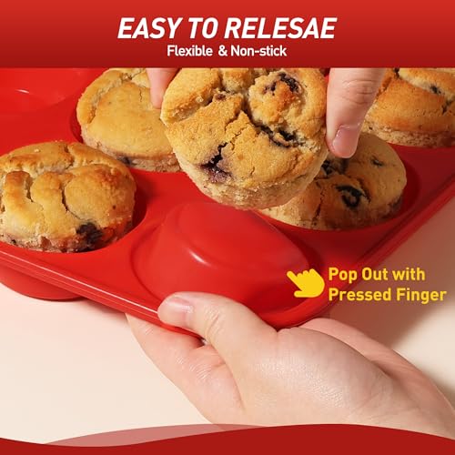2 Pack 12 Cups Silicone Muffin Pan with Metal Reinforced Frame Regular Size Silicone Molds Cupcake Cake Baking Pans Cookie Baking Chocoflan Cupcake Mold Nonstick Muffin Tin Home Baking Supplies (2pc: 12-Cup Regular / Red)