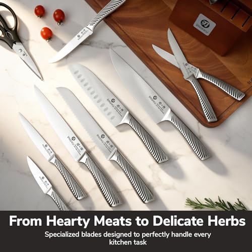 14 Piece Japanese Gyutou Stainless Steel Kitchen Knife Set (Light Brown)