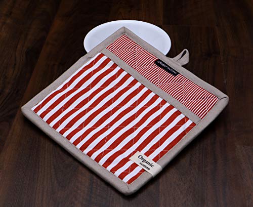 Striped Pot Holders and Oven Mitts Heat Resistant Non Slip Reusable Set of 1 Oven Mitt and 1 Pot Holder Oven Gloves Pot Holder for Cooking (7x13 inches & 8x8 inches / Stripe Rust)