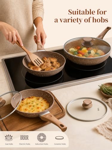 Nonstick Ceramic Frying Pans Skillets Set with Lid 8"+9.5"+11" (Gold)