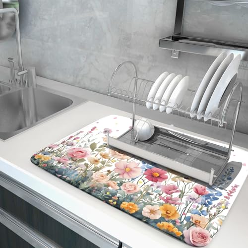 Colorful Flower Dish Drying Mat 18x24 Inch Botanical Floral Drainer Rack Mats Washable Absorbent Dish Dry Pad for Kitchen Counter Sink (Colorful Flower / 18" x 18")