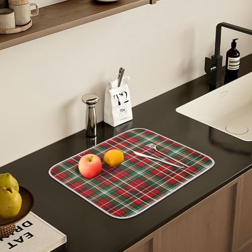 Christmas Red Green Buffalo Checkered Dish Drying Mat for Kitchen Counter Absorbent Microfiber Small Drying Pad Dish Mats for Kitchen Countertops 16 x 18 Inch (18" x 16")