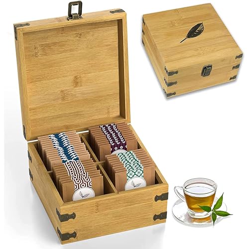 Bamboo Tea Organizer Box Chemical Free Eco (4-Slot Square / Tea Leaf)