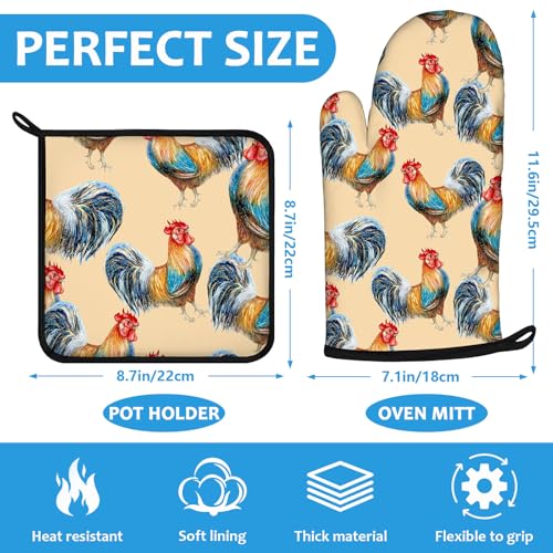 Watercolor Rooster Oven Mitts and Pot Holders Sets Heat Resistant 4Pcs Potholders Oven Gloves Hot Pads for Kitchen Baking Cooking Grilling BBQ (Watercolor Rooster)