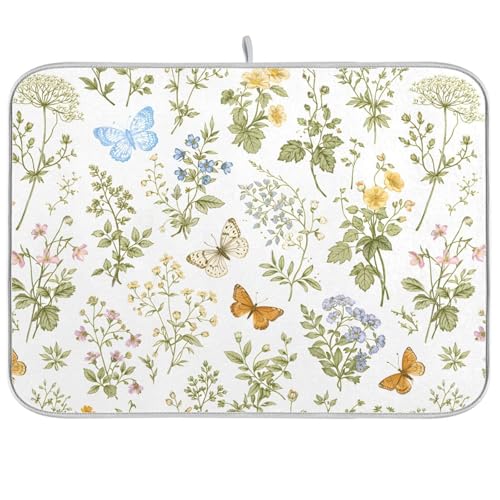 Herbs Flowers Botanical Butterfly Dish Drying Mat for Kitchen Counter Absorbent Microfiber Drying Pad (18" x 24")
