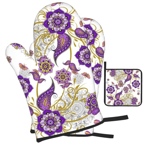 Purple Flower Oven Mitts and Pot Holders Sets of 3 Kitchen Decor (3 Count)